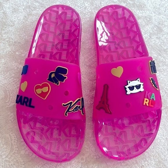 Brand New Karl Lagerfeld Paris Thea Jelly Pool Slides Embellished Pink Sandals - Picture 16 of 16